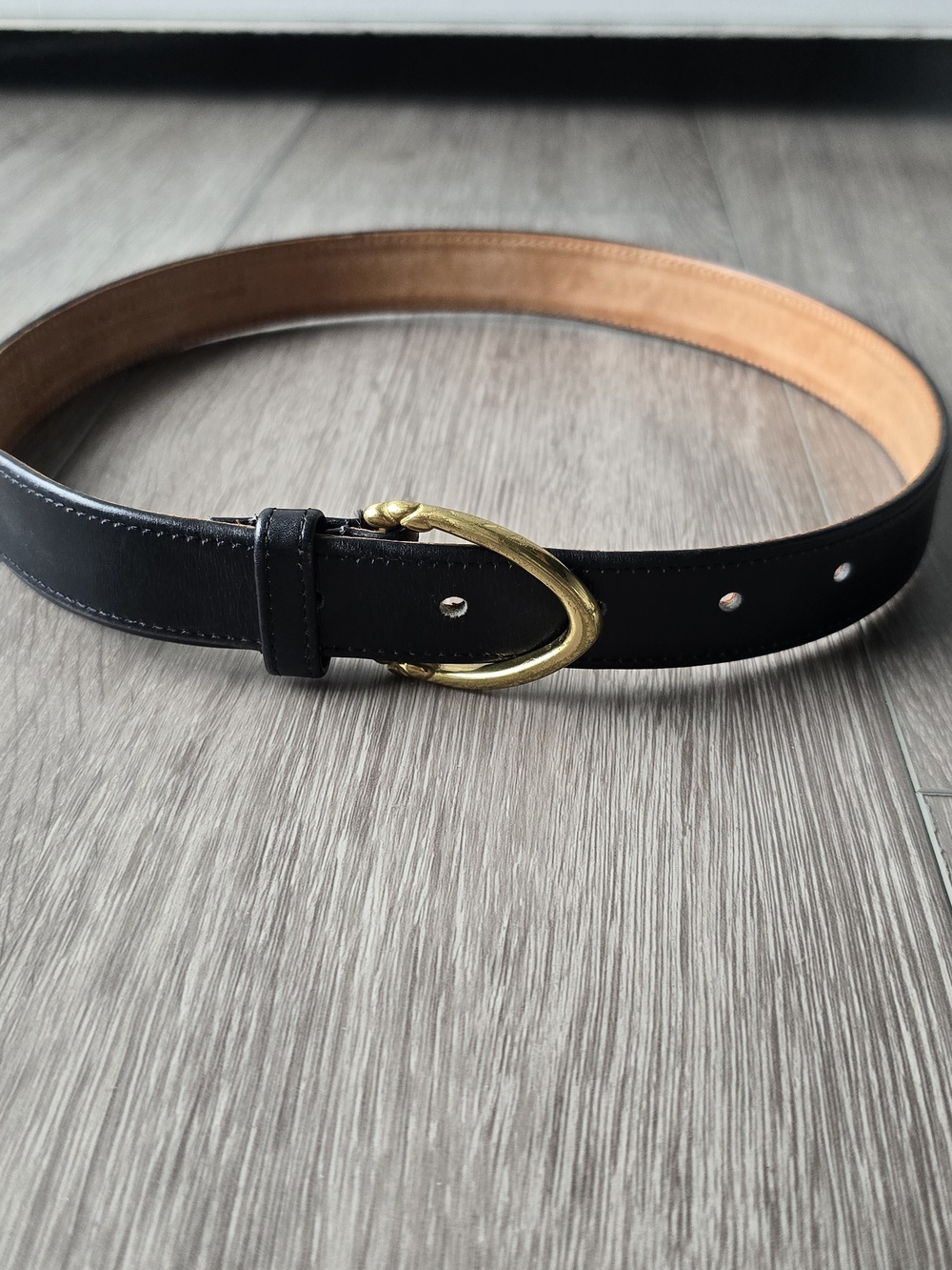 Coach Black Leather Belt with Gold Buckle and Tan Interior